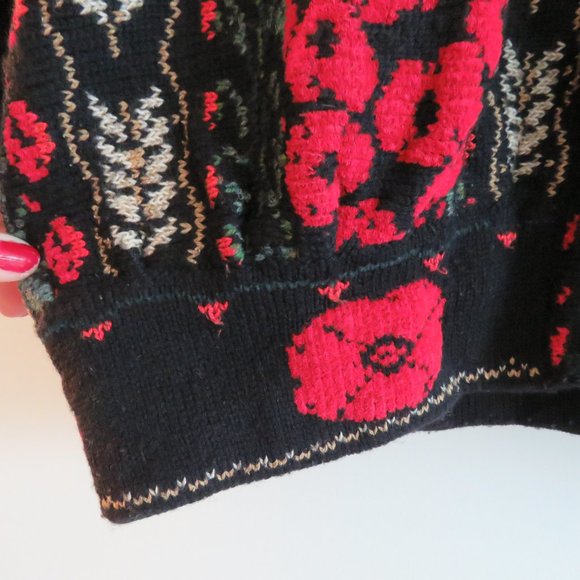 VINTAGE Maureen Goldie Scotland 100% Wool Black Red Poppy Knit Cardigan - Picture 6 of 16
